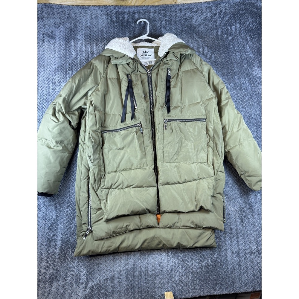 Orolay Thickened Down Parka Jacket Mens Medium Olive Green Full Zip Sherpa Lined
